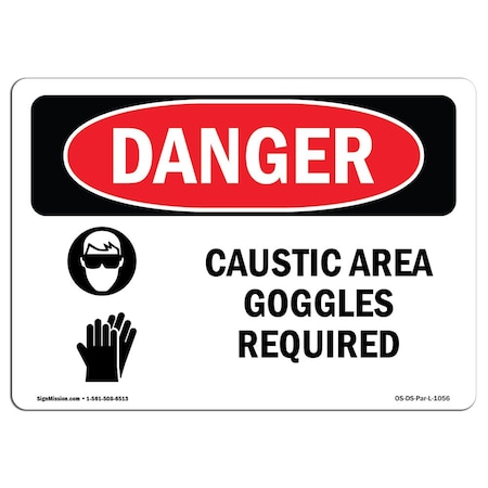 Signmission OSHA Danger Sign, Caustic Area Goggles Required, 18in X 12in Rigid Plastic, 12" H, 18" W, Landscape OS-DS-P-1218-L-1056